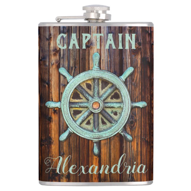 Nautiskt tema Bronze Captains Wheel Tall Fickplunta (Framsidan)