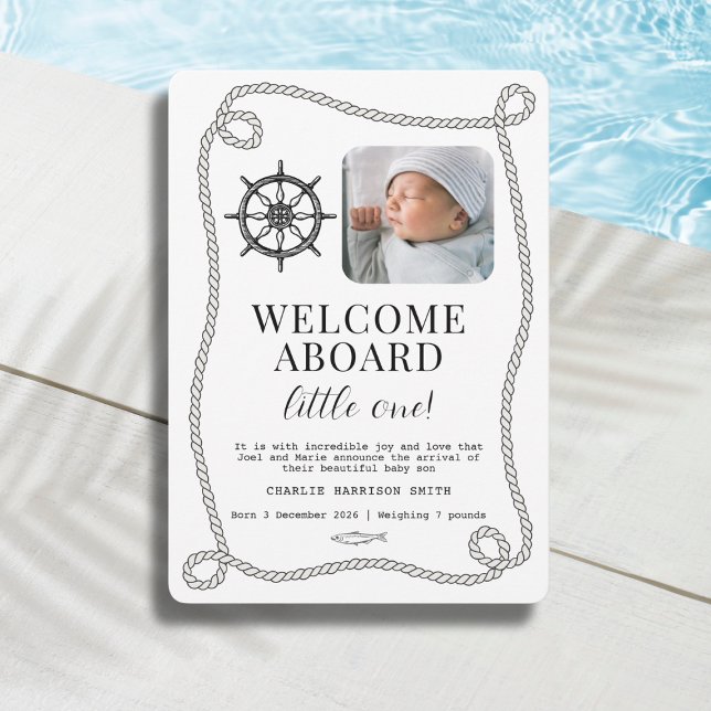 Nautiskt tema för födelseattentat i Baby (Nautical themed Baby Birth Announcement Card, newborn gender neutral design)