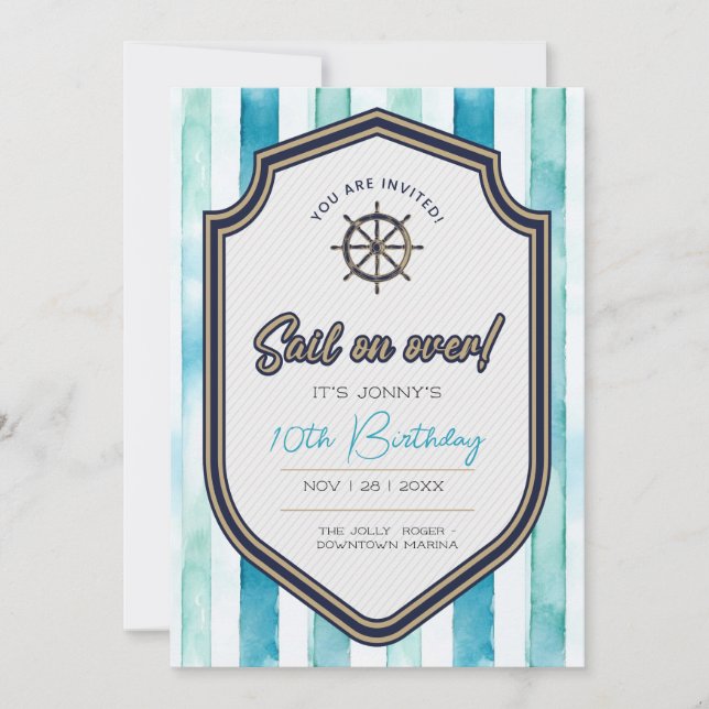 Nautiskt temat födelsedagskort. Tio födelsedag. Inbjudningar (Framsida)