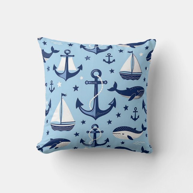 Nautiskt valmönster med ankare och segelbåtar kudde (Framsida)
