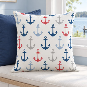 Nautiskt vitt rött marinblått ankar mönster kudde