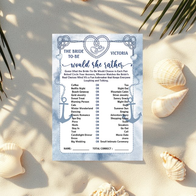 Nautiskt Would She Rather-spel Bröllopsdusch-kort Inbjudningar (Nautical Would She Rather Game Bridal Shower card)