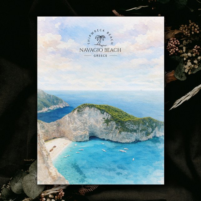 Navagio Beach, Skeppsbrott Beach, Grekland, Akvare Vykort (Navagio Beach, Shipwreck Beach, Greece, Watercolor Postcard)