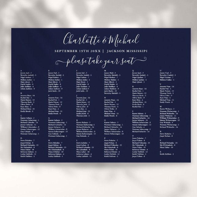 Navblå 200 Namn Bröllopsplatskarta Poster (Navy Blue 200 Names Wedding Seating Chart)
