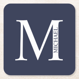 Navblå Personlig Monogram och Namn Underlägg Papper Kvadrat