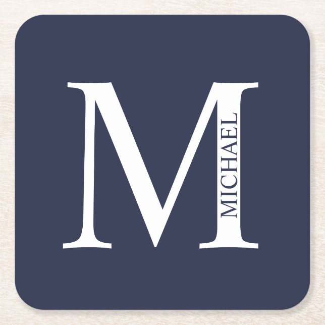 Navblå Personlig Monogram och Namn Underlägg Papper Kvadrat (Framsidan)