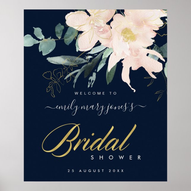 NAVBLUSH BLOMSTER AKVARELL BRÖLLopsfest VÄLKOMMEN Poster (Framsidan)