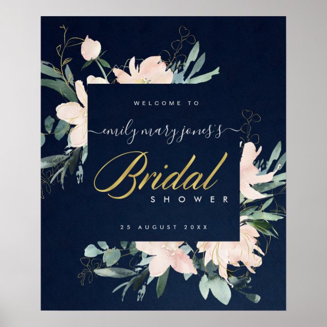 NAVBLUSH BLOMSTER AKVARELL BRÖLLopsfest VÄLKOMMEN Poster (Framsidan)