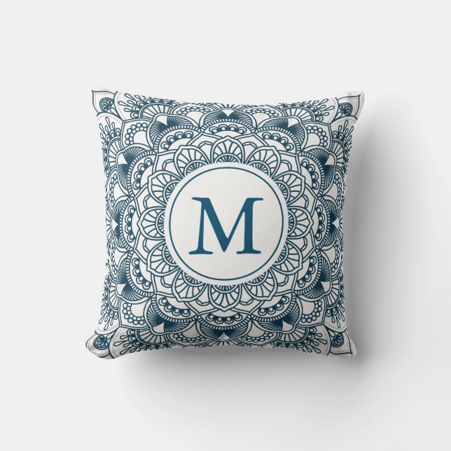 Navi Blue blommigt mandala monogram Kudde (Framsida)