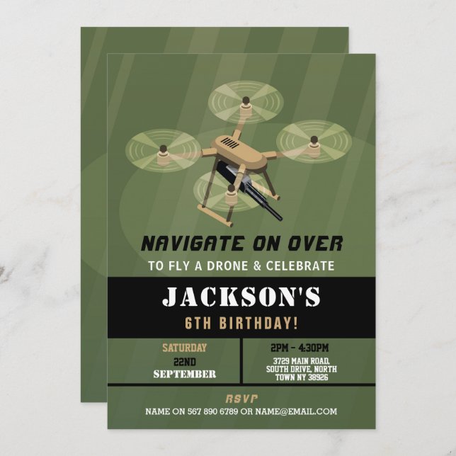 Navigate Drone Army Birthday Camouflage Inbjudningar (Fram/baksida)