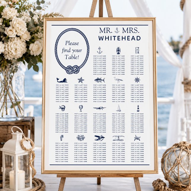 Navt Rep Bröllopsplacering 18 Bord Diagram Poster (This seating chart in a nautical theme has symbols that represent the guest tables.)