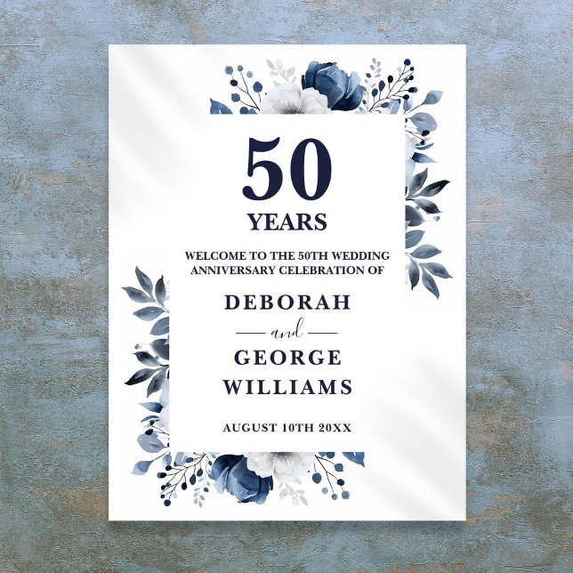 Navy 50-årsjubileum för bröllop Blommig välkomstsk Poster (Navy 50th Wedding Anniversary Floral Welcome Sign)
