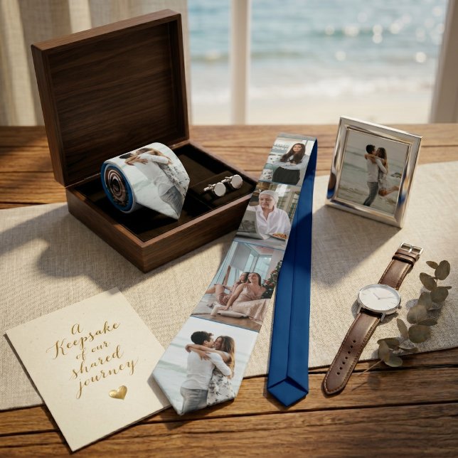 Navy 5-Foto Collage Anpassad Familj | Fars Dag Slips (Navy Blue 5-Photo Collage Custom Family | Father's day Neck Tie)