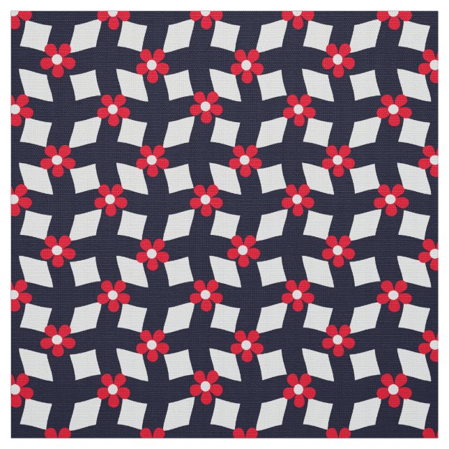 Navy Abstract Floral Grid - Poplin Fabric Tyg (Provkarta)