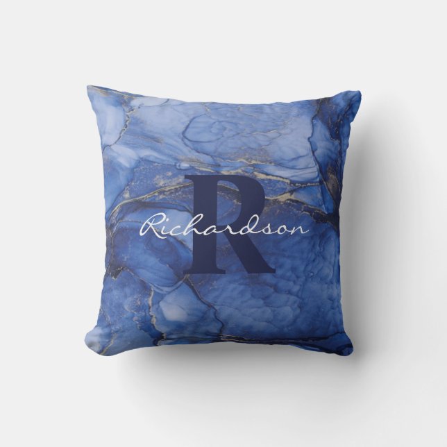 Navy Agate Monogram och Namn Marble Luxury Kudde (Framsida)