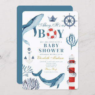 Navy Ahoy Det är en pojke Sjöman Val Hav Baby Show Inbjudningar
