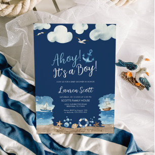 Navy Ahoys.. Det är en pojkbabyinbjudan. Inbjudningar