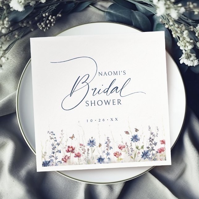 Navy Akvarell Vildblomma Rustik Bröllopsdusch  Pappersservett (Navy Watercolor Wildflower Rustic Bridal Shower Napkins)