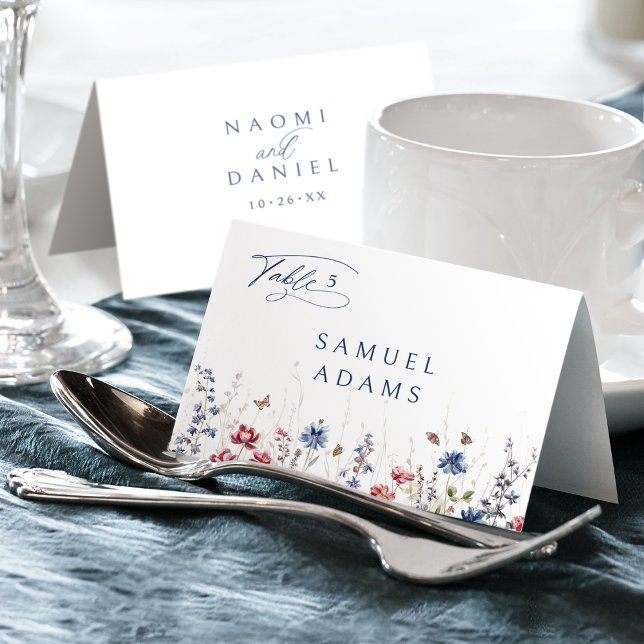 Navy Akvarell Vildblomma Vikbar Platskort Bordsnummer (Navy Watercolor Wildflower Foldable Place Card)