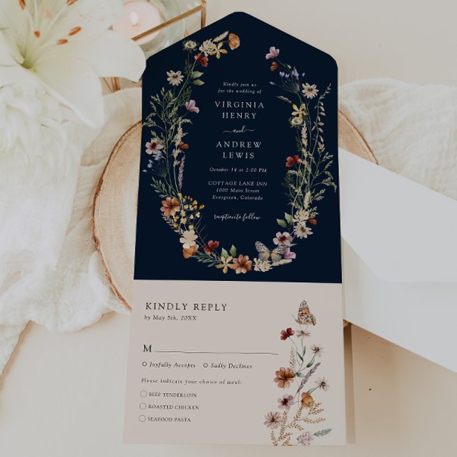 Navy Allt-i-ett Bröllopsinbjudan (Navy Blue Floral All in One Wedding Invite by Painted Paperie
)
