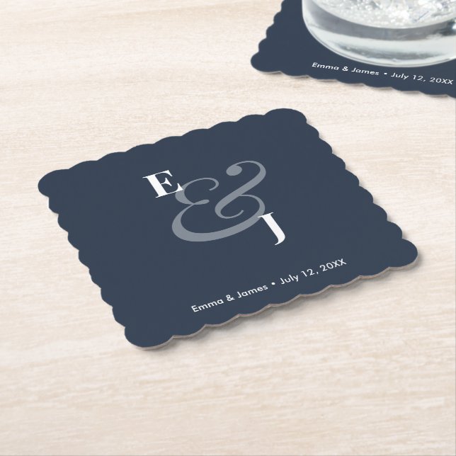 Navy Ampersand Bröllop | Omvänd Cocktail Underlägg Papper (Vinklad)