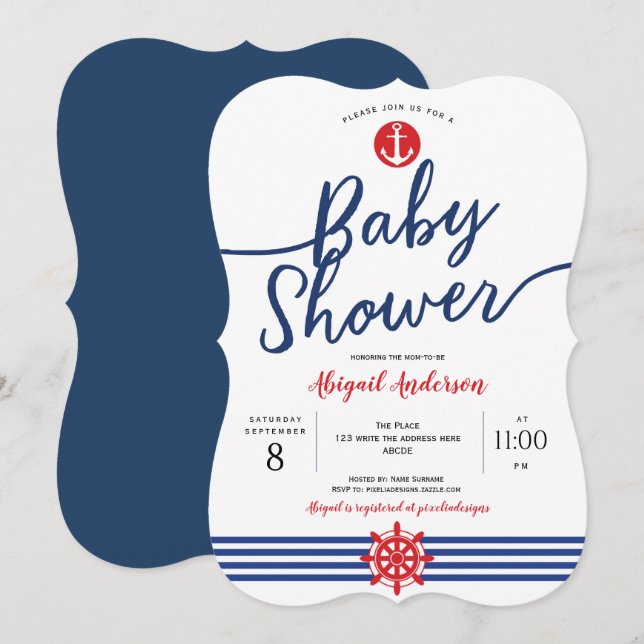 Navy, Anchor, Modern, Nautical Themme, Baby Shower Inbjudningar (Fram/baksida)