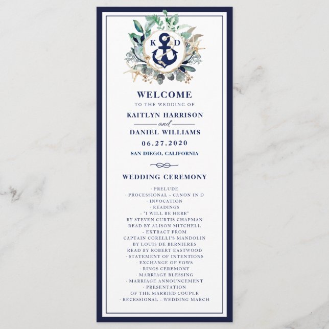 Navy Anchor Monogram Greenery Wandan Bröllop Program (Framsida)