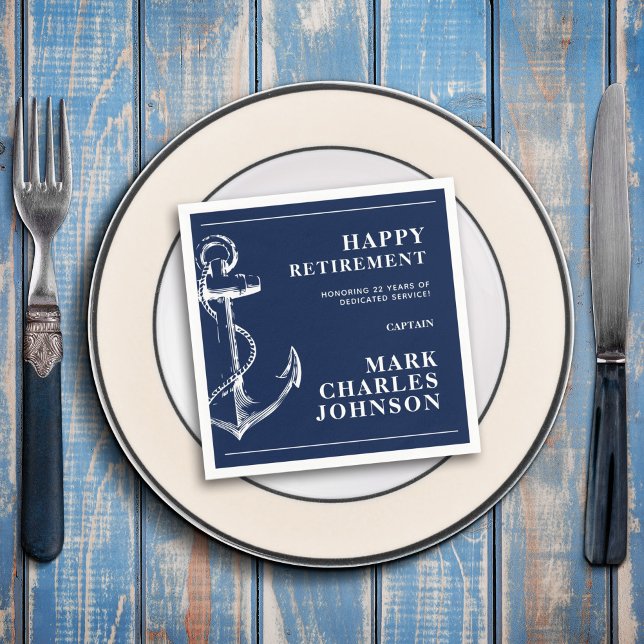 Navy Anchor Pension Pappersservett (Retirement for a Navy Service member should be celebrated with these anchor navy blue napkins.)