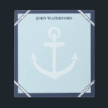 Navy Anchor & Rope Nautical Lägg till ditt namn Anteckningsblock<br><div class="desc">Nautiskt anteckningsblock i blå nyanser med marinblå gräns, vita rep, en ankare för bleken och ditt namn. Gå ner anteckningar och sak för att komma ihåg anteckningsblocket med nautiskt färg och personlig med ditt namn i det här ankaret. Ett anteckningsblock för kaptenen i ditt liv med rep, ankare och namn...</div>