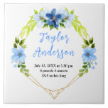 Navy and Baby Blue Floral Baby Birth Stats Kakelplatta<br><div class="desc">This fun and whimsical tile features watercolor baby blue and navy blue flowers with foliage on a gold geometric frame. The text combines handwritten script and serif fonts for a stylish and modern look. It can be personalized with your baby's birth stats, such as name, size, date and time of...</div>