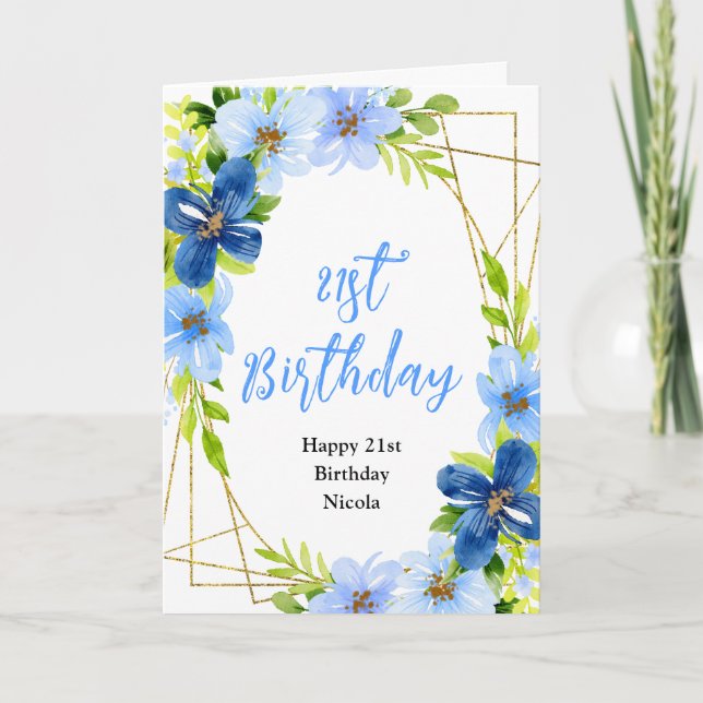 Navy and Baby Blue Floral Birthday Kort (Framsida)