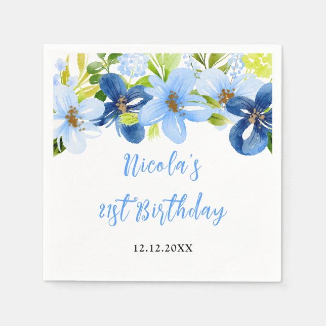 Navy and Baby Blue Floral Birthday Pappersservett (Framsidan)