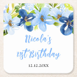 Navy and Baby Blue Floral Birthday Underlägg Papper Kvadrat