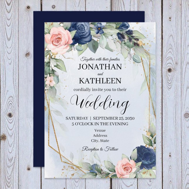 Navy and Blush Floral Wedding Invitation Inbjudningar (Skapare uppladdad)