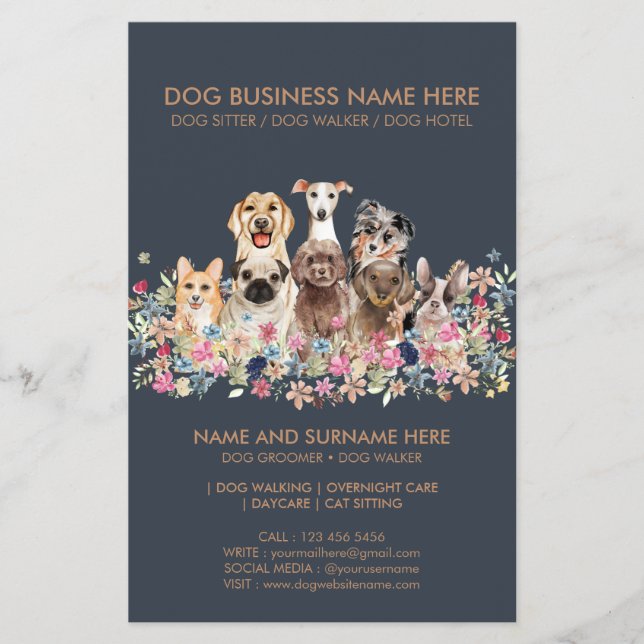 Navy and Brown Dog Service Pet Flygblad (Framsidan)