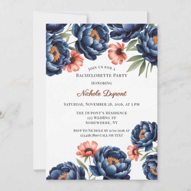 Navy and Burnt Orange Floral Bachelorette Party Inbjudningar (Framsida)