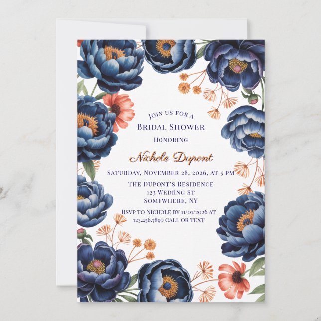 Navy and Burnt Orange Floral Bridal Shower Inbjudningar (Framsida)