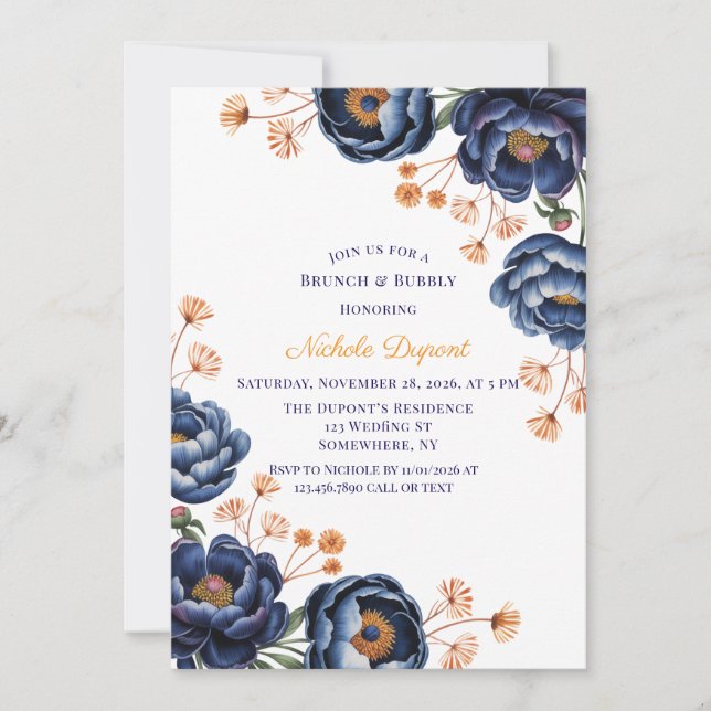 Navy and Burnt Orange Floral Brunch & Bubbly Inbjudningar (Framsida)