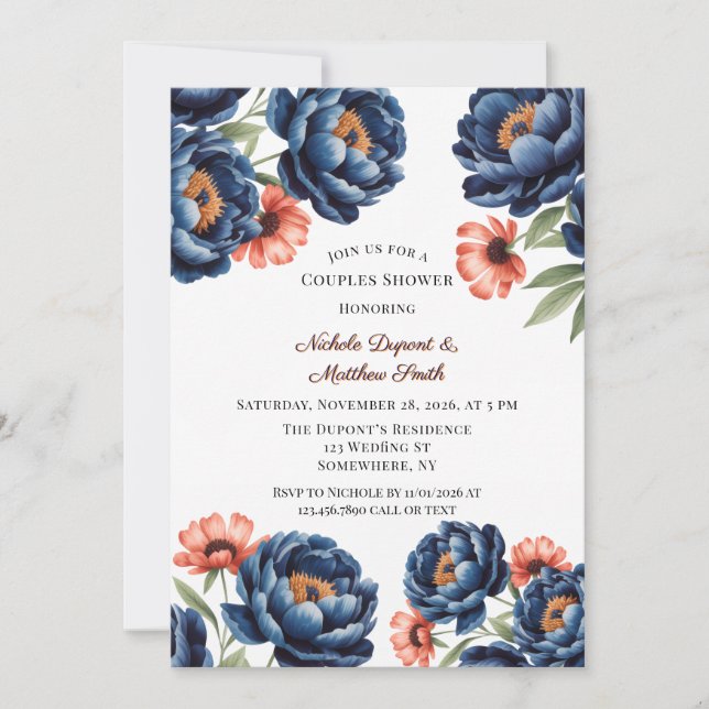 Navy and Burnt Orange Floral Couples Shower Inbjudningar (Framsida)