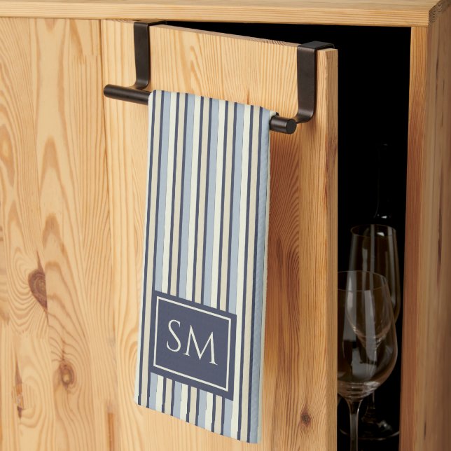 Navy And Cream Striped Pattern Monogrammed Kökshandduk (Thirds Fold)