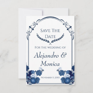 Navy and Dusty Blue Floral Classic Save The Date Spara Datumet