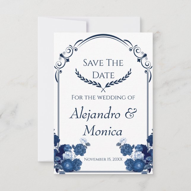 Navy and Dusty Blue Floral Classic Save The Date Spara Datumet (Framsida)
