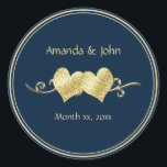 Navy and Gold Elegant Wedding  Runt Klistermärke<br><div class="desc">Navy and Gold Elegant Round Wedding Sticker designed in dark navy with gold trim and gold colored hearts. To personalize,  simply insert your details into our easy template,  replacing the sample text. Be sure to view the complete Navy and Gold Elegant Wedding Collection for matching cards and accessories.</div>