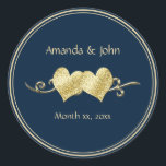 Navy and Gold Elegant Wedding  Runt Klistermärke<br><div class="desc">Navy and Gold Elegant Round Wedding Sticker designed in dark navy with gold trim and gold colored hearts. To personalize,  simply insert your details into our easy template,  replacing the sample text. Be sure to view the complete Navy and Gold Elegant Wedding Collection for matching cards and accessories.</div>