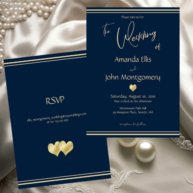 Navy and Gold Elegant Wedding with RSVP Inbjudningar (Navy and Gold Elegant Wedding with RSVP Invitation)