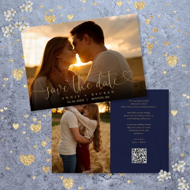 Navy And Gold Heart Script Foto Bröllops QR-kod Spara Datumet (Navy And Gold Heart Script Photo Wedding QR Code Save The Date)
