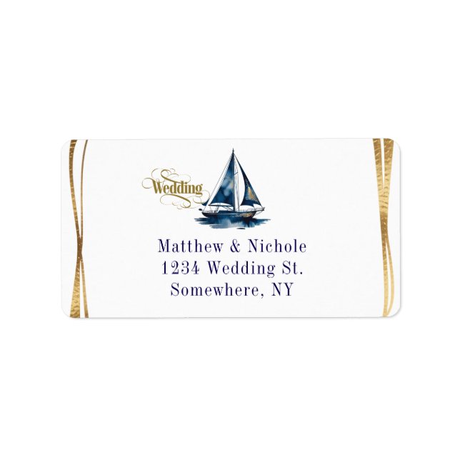 Navy and Gold Nautical Boat Gold Frame Wedding Adressetikett (Framsidan)