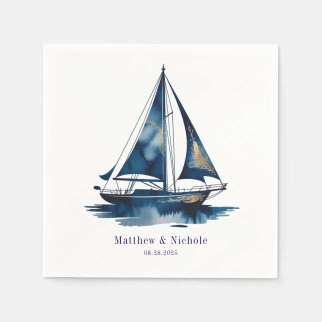 Navy and Gold Nautical Boat Gold Frame Wedding Pappersservett (Framsidan)