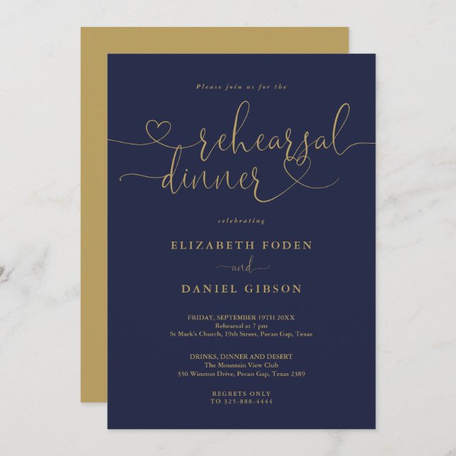 Navy And Gold Script Wedding Rehearsal Dinner Inbjudningar (Fram/baksida)