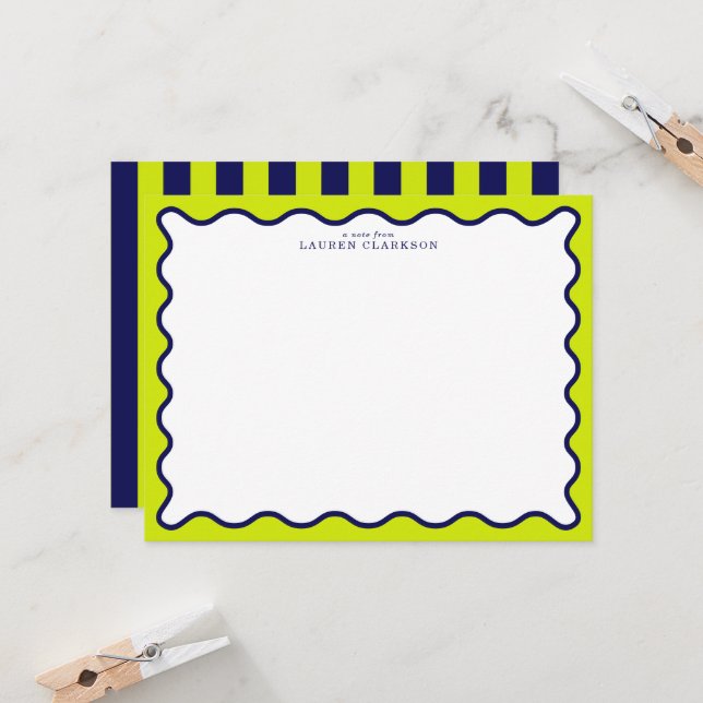 Navy and Lime Striped Wavy Frame Note Card Inbjudningar (Fram/Back In Situ)